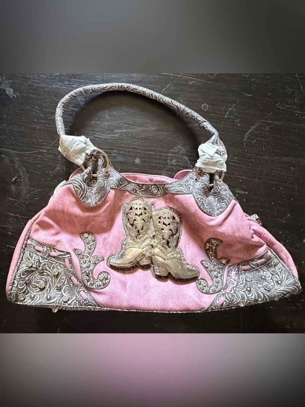 Pink Western Handbag Silver Double Boots Faux Leather Lots of Storage 16” x 9”